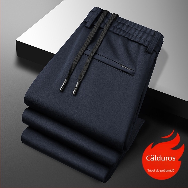 Pantaloni casual pentru bărbați, drepti, căptuțiți cu fleece, țesătură periată, talie medie, cu curea și șnur, potriviți pentru toamnă