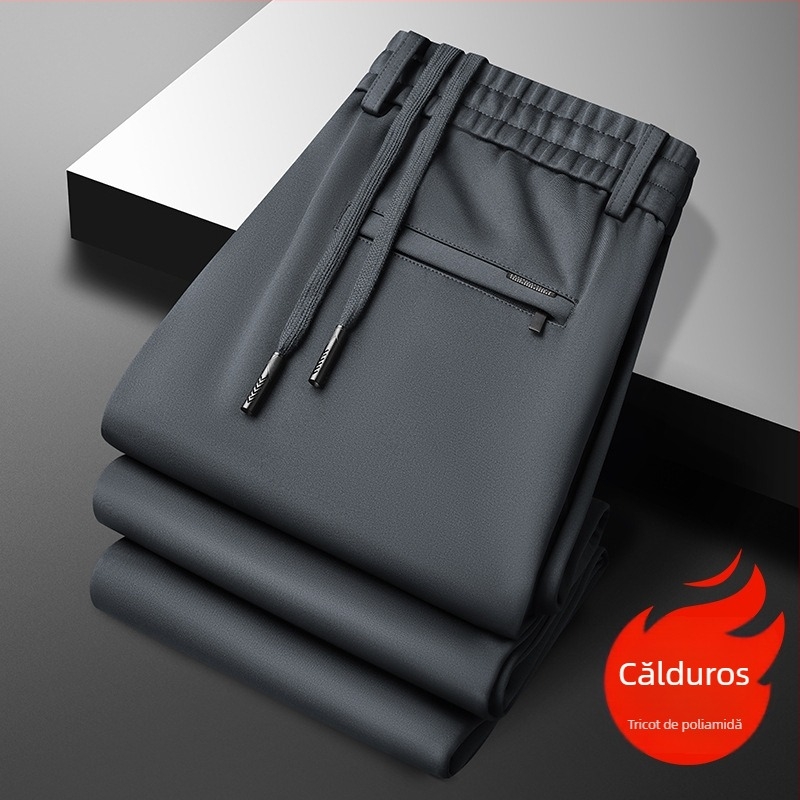 Pantaloni casual pentru bărbați, drepti, căptuțiți cu fleece, țesătură periată, talie medie, cu curea și șnur, potriviți pentru toamnă