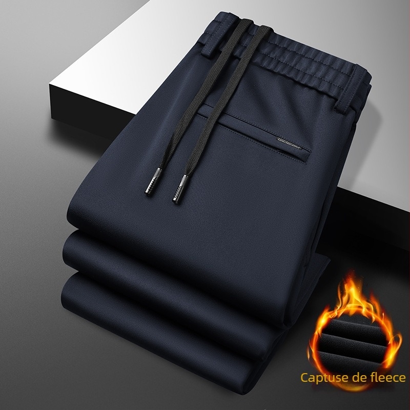 Pantaloni casual pentru bărbați, drepti, căptuțiți cu fleece, țesătură periată, talie medie, cu curea și șnur, potriviți pentru toamnă