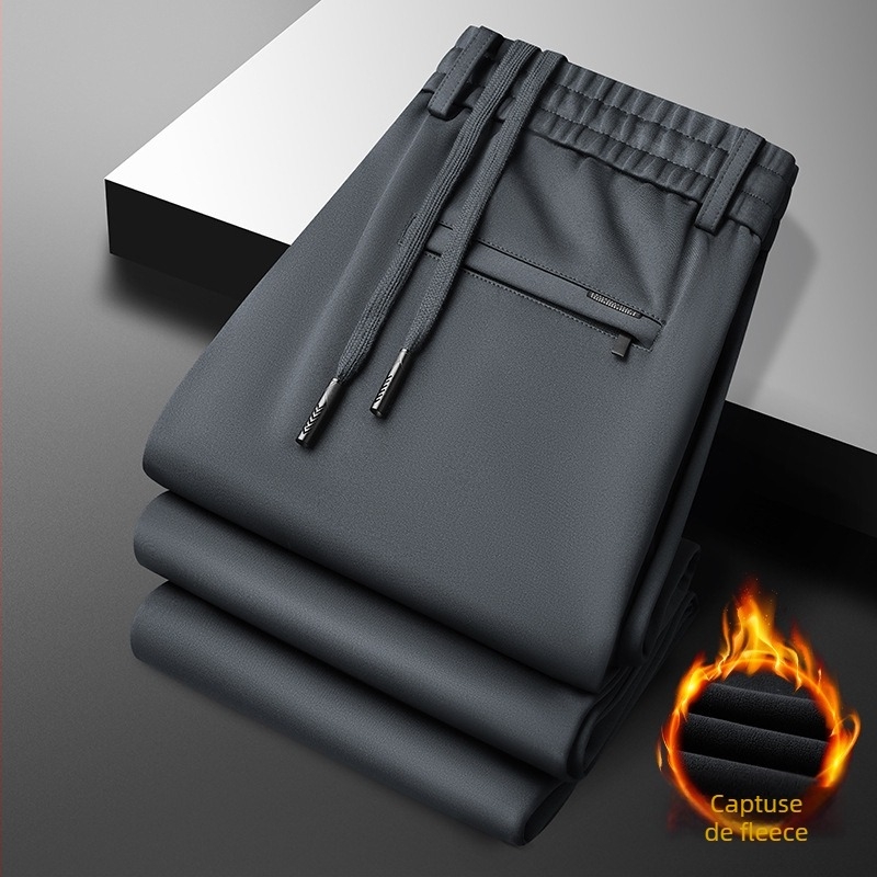 Pantaloni casual pentru bărbați, drepti, căptuțiți cu fleece, țesătură periată, talie medie, cu curea și șnur, potriviți pentru toamnă