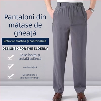 Pantaloni casual pentru bărbați, vară, Ice Silk, croială dreaptă, talie înaltă, respirabili