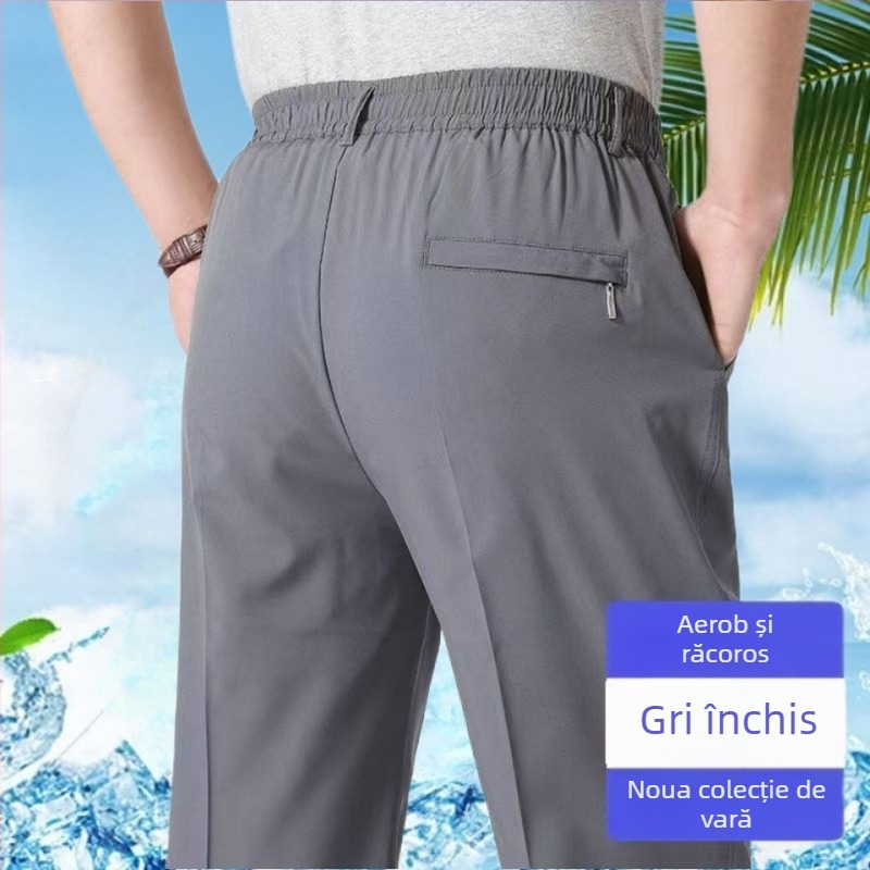 Pantaloni casual pentru bărbați, vară, Ice Silk, croială dreaptă, talie înaltă, respirabili