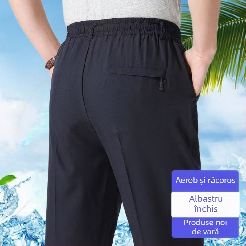 Pantaloni casual pentru bărbați, vară, Ice Silk, croială dreaptă, talie înaltă, respirabili