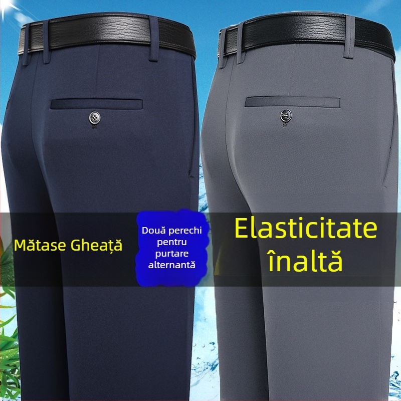 Pantaloni casual pentru bărbați cu Ice Silk stretch de patru direcții, țesătură din fibre de bambus, croială lejeră, picior drept, fără călcare
