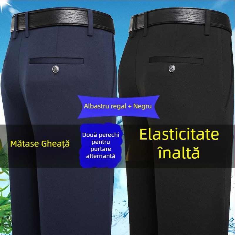 Pantaloni casual pentru bărbați cu Ice Silk stretch de patru direcții, țesătură din fibre de bambus, croială lejeră, picior drept, fără călcare