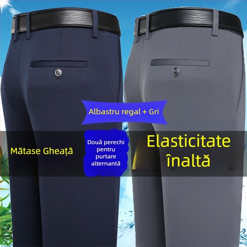 Pantaloni casual pentru bărbați cu Ice Silk stretch de patru direcții, țesătură din fibre de bambus, croială lejeră, picior drept, fără călcare