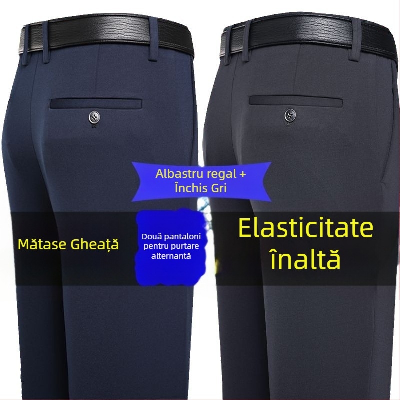 Pantaloni casual pentru bărbați cu Ice Silk stretch de patru direcții, țesătură din fibre de bambus, croială lejeră, picior drept, fără călcare