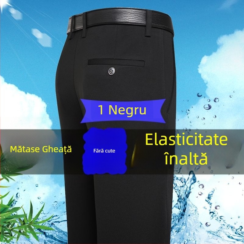 Pantaloni casual pentru bărbați cu Ice Silk stretch de patru direcții, țesătură din fibre de bambus, croială lejeră, picior drept, fără călcare