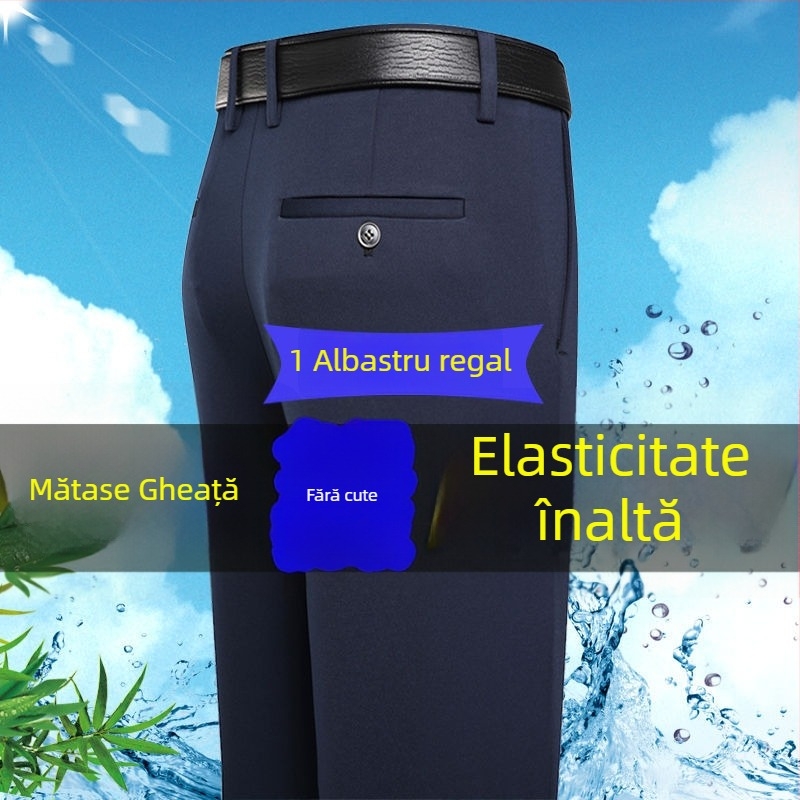 Pantaloni casual pentru bărbați cu Ice Silk stretch de patru direcții, țesătură din fibre de bambus, croială lejeră, picior drept, fără călcare