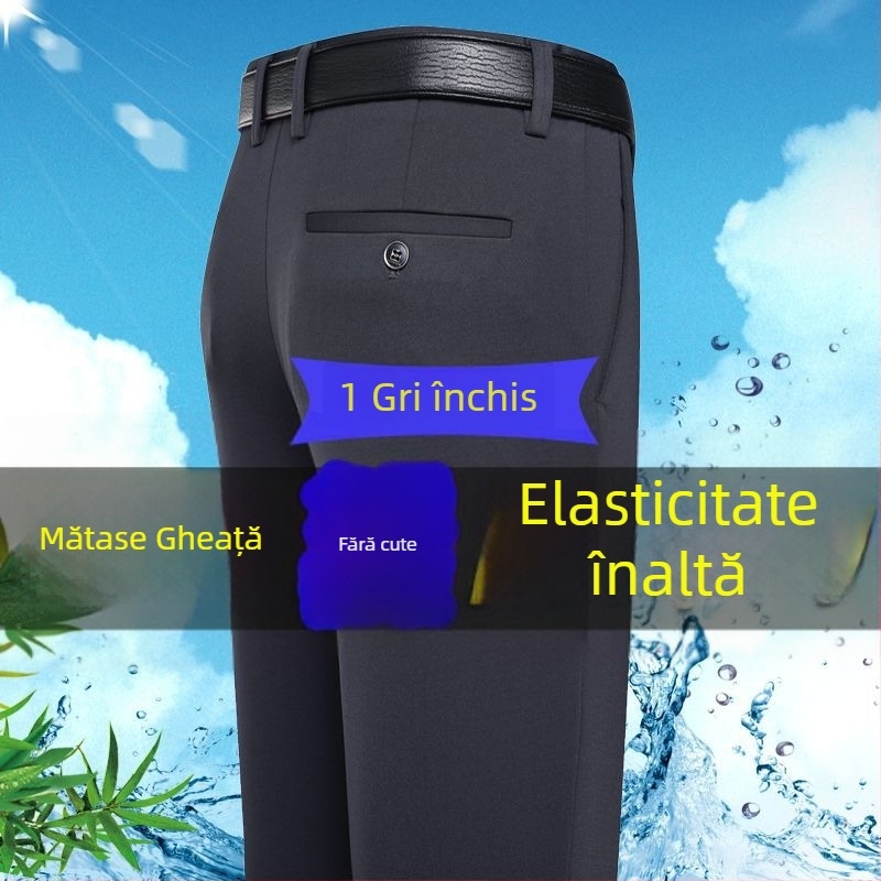 Pantaloni casual pentru bărbați cu Ice Silk stretch de patru direcții, țesătură din fibre de bambus, croială lejeră, picior drept, fără călcare