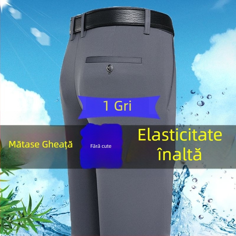 Pantaloni casual pentru bărbați cu Ice Silk stretch de patru direcții, țesătură din fibre de bambus, croială lejeră, picior drept, fără călcare