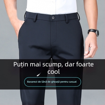 Pantaloni casual de afaceri pentru bărbați — Ice Silk, vară, talie medie, fermoar, țesătură stretch