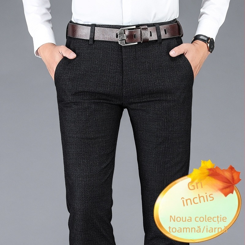 Pantaloni casual pentru bărbați, croială dreaptă, talie înaltă, cu curea, fără călcare, cu multe buzunare (amestec de poliester; 79,3% poliester; micro-elastici; croială dreaptă; iarnă)