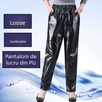 Pantaloni din piele PU pentru femei, croială dreaptă, talie liberă, stil casual, elasticitate ușoară, lansare toamnă 2023