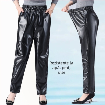 Pantaloni din piele PU pentru femei, croială dreaptă, talie liberă, stil casual, elasticitate ușoară, lansare toamnă 2023