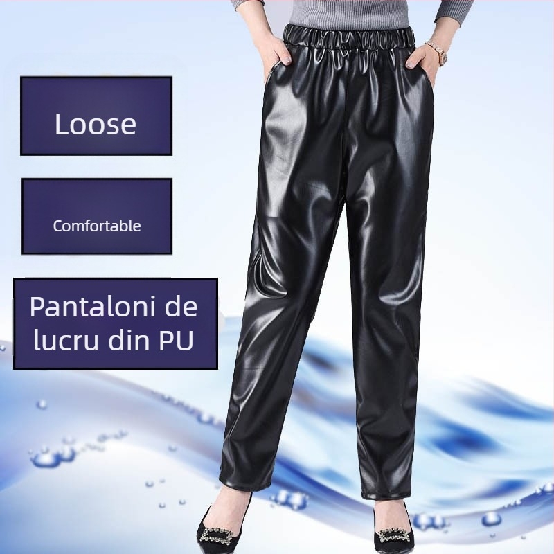 Pantaloni din piele PU pentru femei, croială dreaptă, talie liberă, stil casual, elasticitate ușoară, lansare toamnă 2023
