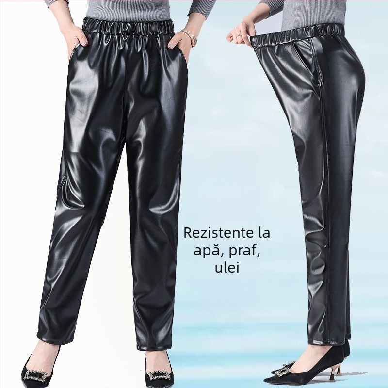 Pantaloni din piele PU pentru femei, croială dreaptă, talie liberă, stil casual, elasticitate ușoară, lansare toamnă 2023