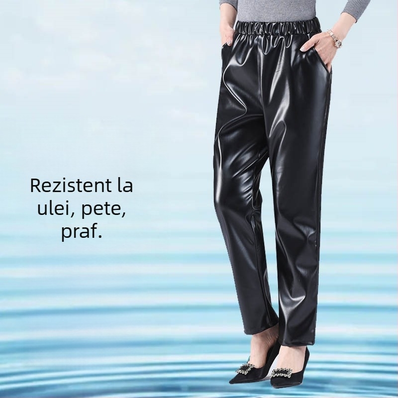 Pantaloni din piele PU pentru femei, croială dreaptă, talie liberă, stil casual, elasticitate ușoară, lansare toamnă 2023