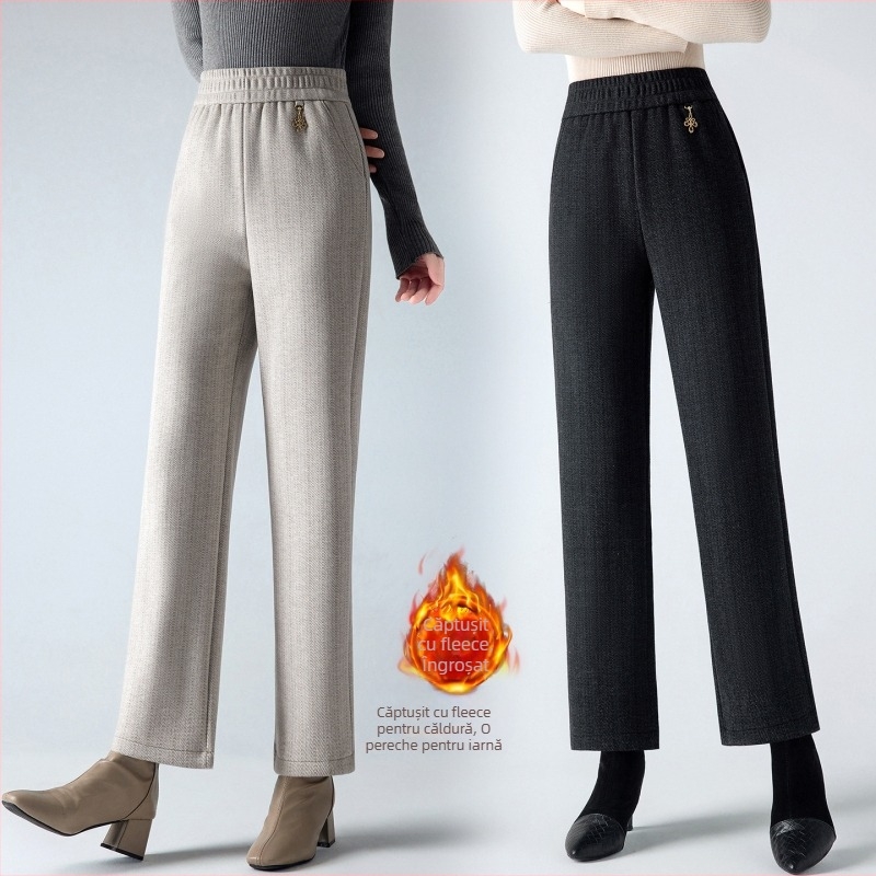 Pantaloni drepți din lână, căptuțiți cu fleece, talie înaltă, casual, toamnă-iarnă, amestec poliester 90-95%
