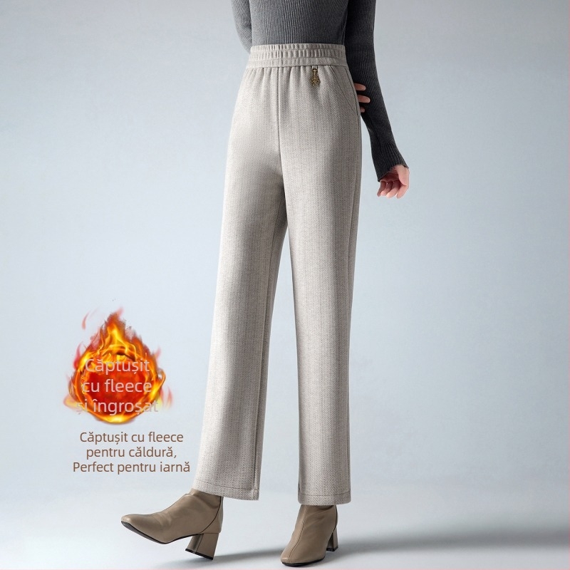 Pantaloni drepți din lână, căptuțiți cu fleece, talie înaltă, casual, toamnă-iarnă, amestec poliester 90-95%