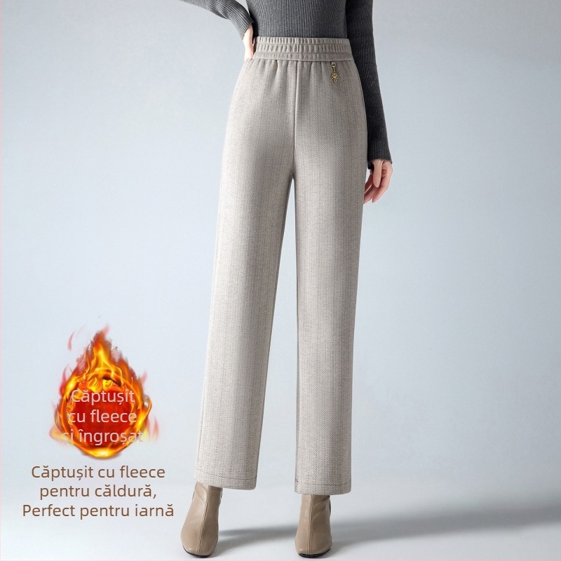 Pantaloni drepți din lână, căptuțiți cu fleece, talie înaltă, casual, toamnă-iarnă, amestec poliester 90-95%