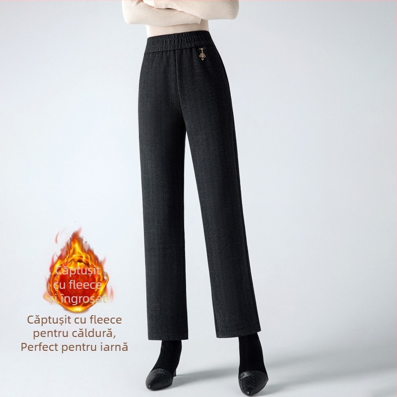 Pantaloni drepți din lână, căptuțiți cu fleece, talie înaltă, casual, toamnă-iarnă, amestec poliester 90-95%