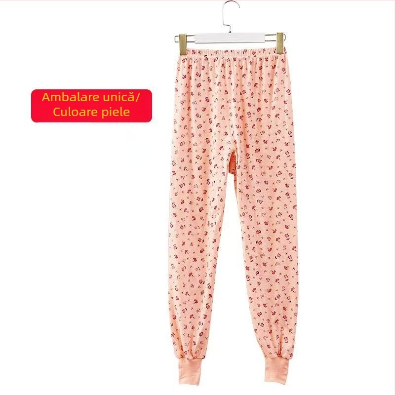 Pantaloni lungi de casă pentru femei, imprimeu floral, talie joasă, bumbac, căptușeală poliester, croială cropped, confort termic moderat