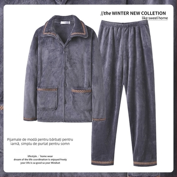 Set de pijamale bărbați din catifea coral, grosime 251–300 g/m², guler rever, mâneci lungi, pentru iarnă/primăvară/toamnă