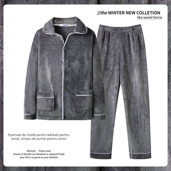 Set de pijamale bărbați din catifea coral, grosime 251–300 g/m², guler rever, mâneci lungi, pentru iarnă/primăvară/toamnă