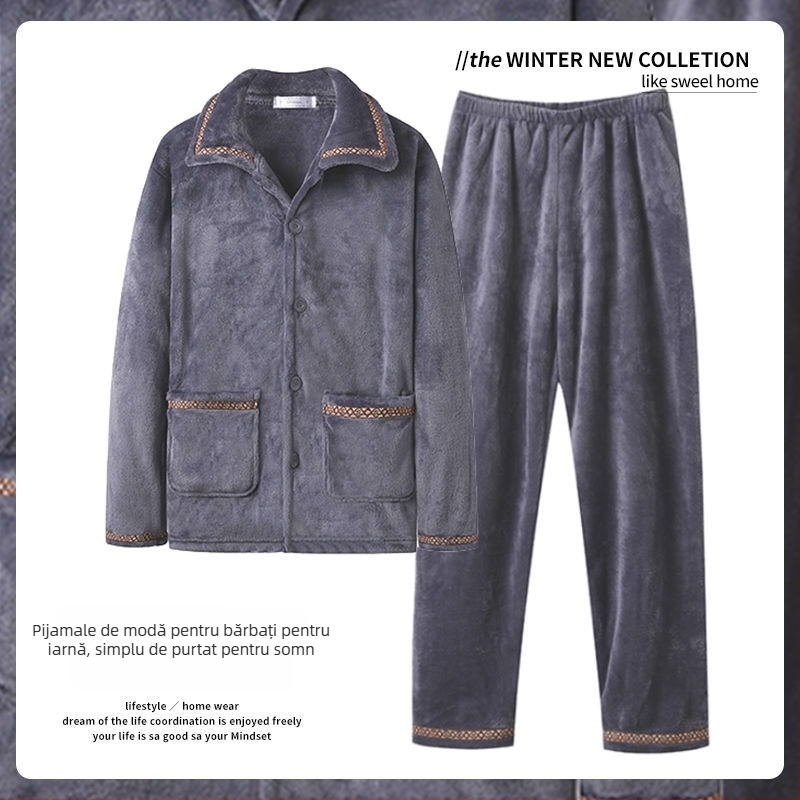 Set de pijamale bărbați din catifea coral, grosime 251–300 g/m², guler rever, mâneci lungi, pentru iarnă/primăvară/toamnă