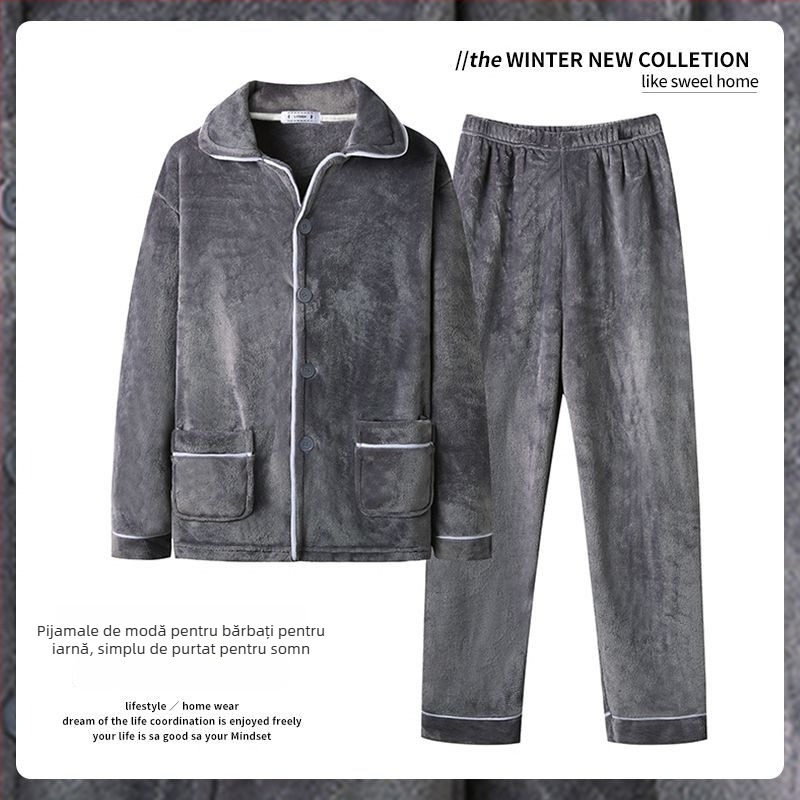Set de pijamale bărbați din catifea coral, grosime 251–300 g/m², guler rever, mâneci lungi, pentru iarnă/primăvară/toamnă