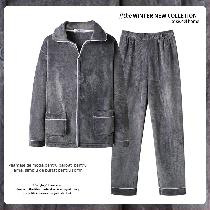 Set de pijamale bărbați din catifea coral, grosime 251–300 g/m², guler rever, mâneci lungi, pentru iarnă/primăvară/toamnă