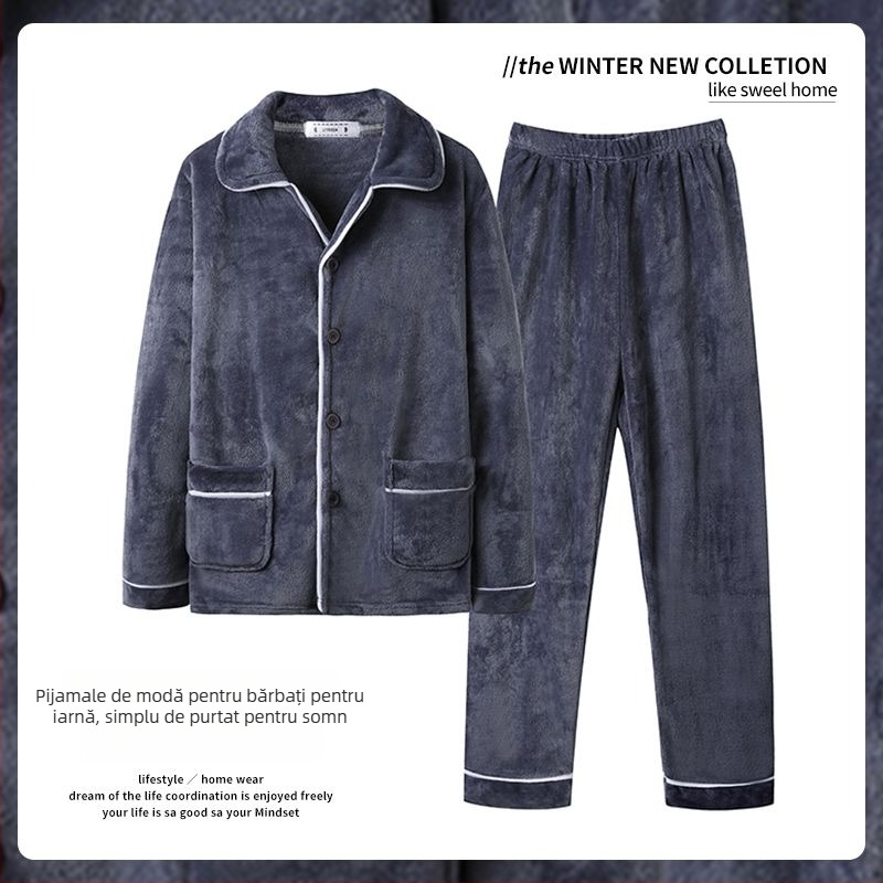 Set de pijamale bărbați din catifea coral, grosime 251–300 g/m², guler rever, mâneci lungi, pentru iarnă/primăvară/toamnă
