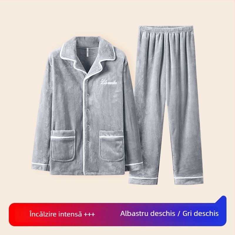 Set de pijamale bărbați din catifea coral, grosime 251–300 g/m², guler rever, mâneci lungi, pentru iarnă/primăvară/toamnă