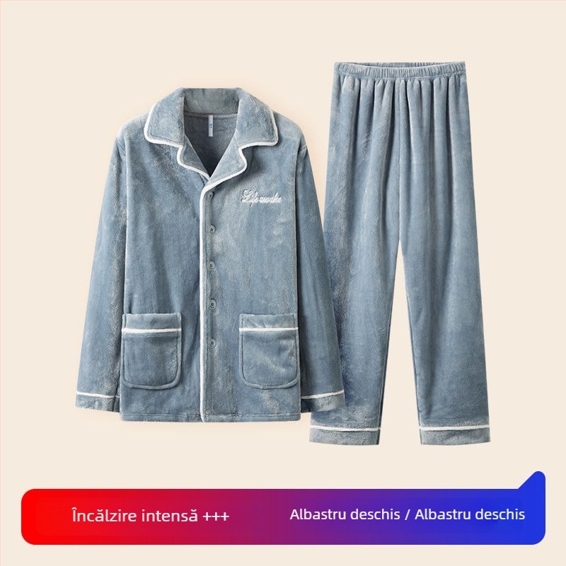 Set de pijamale bărbați din catifea coral, grosime 251–300 g/m², guler rever, mâneci lungi, pentru iarnă/primăvară/toamnă
