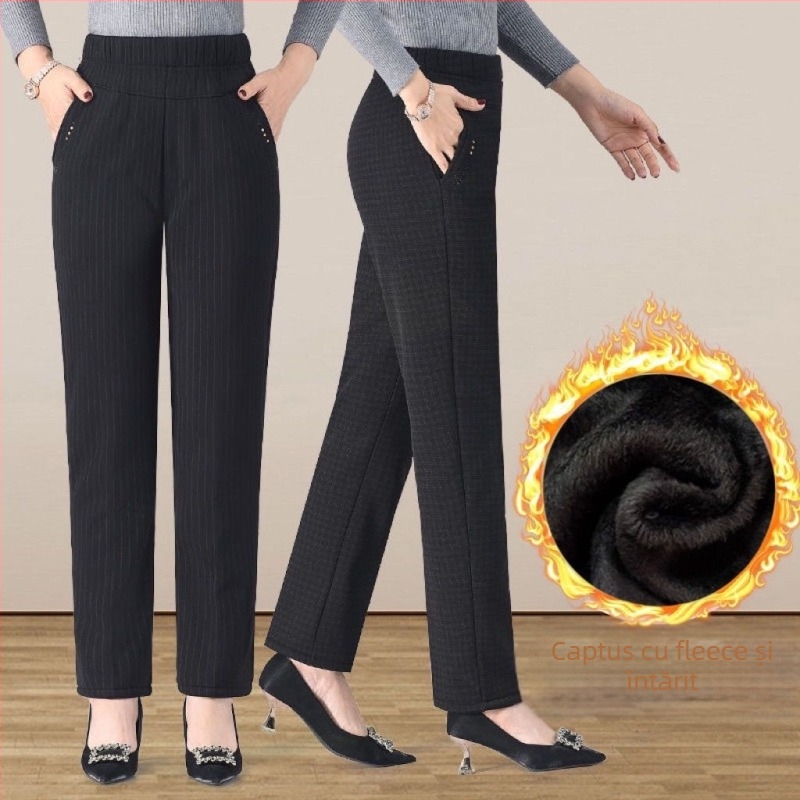 Pantaloni casual din lână, drepti, pentru femei, talie înaltă cu elastic