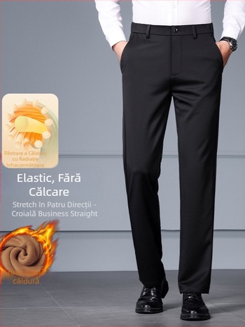 Pantaloni lungi bărbați cu căptușeală fleece, groși, croială dreaptă, talie medie-înaltă, închidere cu nasturi, toamnă 2025