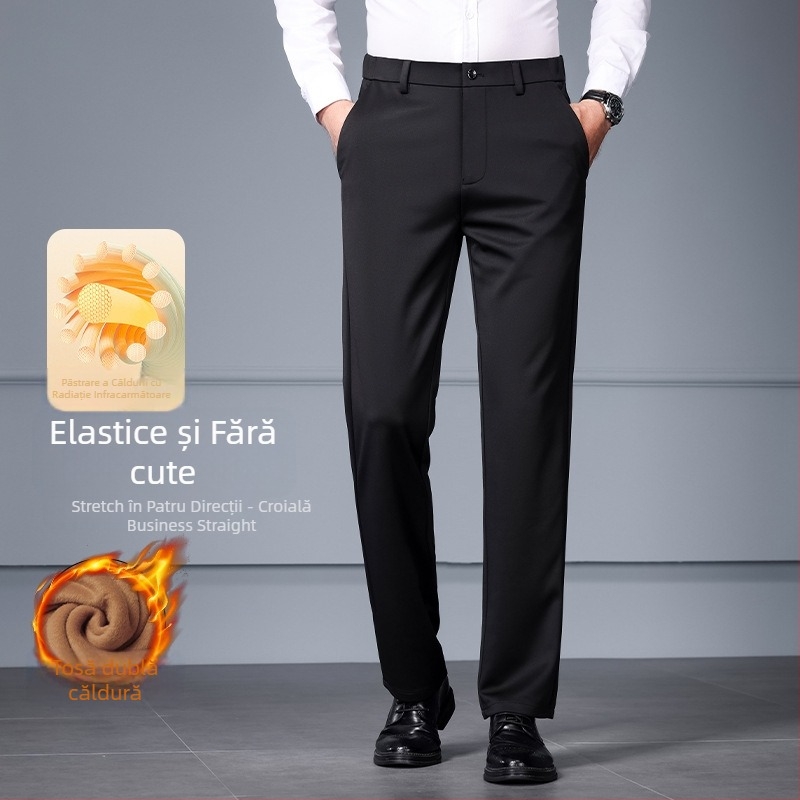 Pantaloni lungi bărbați cu căptușeală fleece, groși, croială dreaptă, talie medie-înaltă, închidere cu nasturi, toamnă 2025