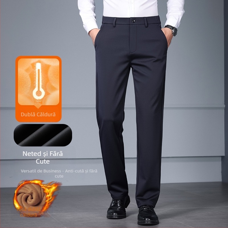 Pantaloni lungi bărbați cu căptușeală fleece, groși, croială dreaptă, talie medie-înaltă, închidere cu nasturi, toamnă 2025
