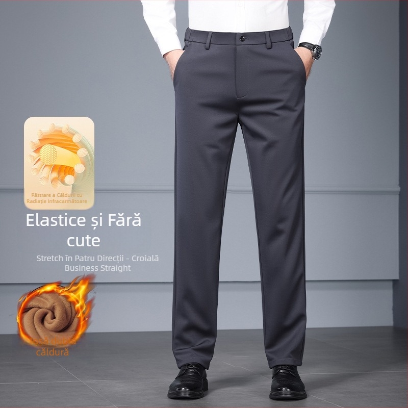 Pantaloni lungi bărbați cu căptușeală fleece, groși, croială dreaptă, talie medie-înaltă, închidere cu nasturi, toamnă 2025
