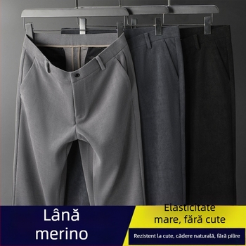 Pantaloni casual-business din lână corduroy, croială dreaptă, talie înaltă, fermoar, pentru bărbați de vârstă mijlocie