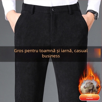 Pantaloni casual-business din lână corduroy, croială dreaptă, talie înaltă, fermoar, pentru bărbați de vârstă mijlocie