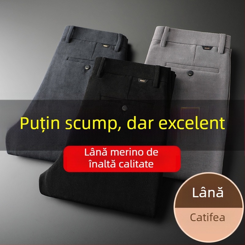 Pantaloni casual-business din lână corduroy, croială dreaptă, talie înaltă, fermoar, pentru bărbați de vârstă mijlocie