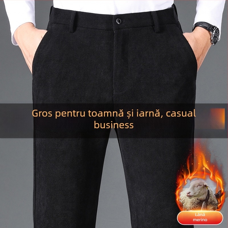 Pantaloni casual-business din lână corduroy, croială dreaptă, talie înaltă, fermoar, pentru bărbați de vârstă mijlocie