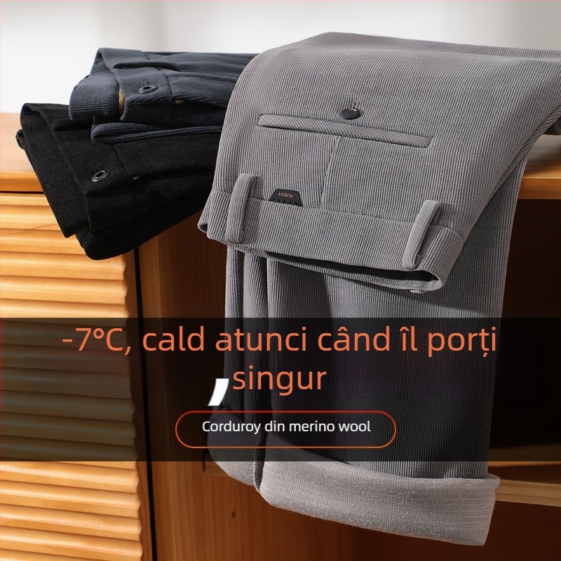 Pantaloni casual-business din lână corduroy, croială dreaptă, talie înaltă, fermoar, pentru bărbați de vârstă mijlocie