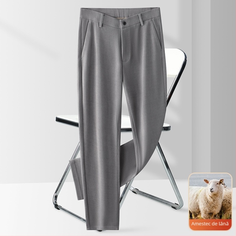 Pantaloni casual-business din lână corduroy, croială dreaptă, talie înaltă, fermoar, pentru bărbați de vârstă mijlocie