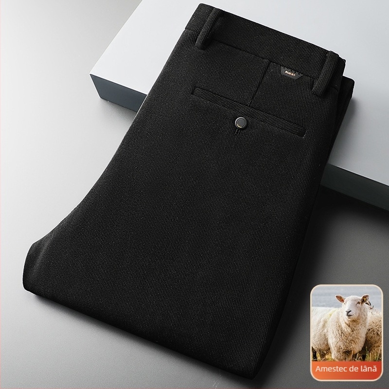 Pantaloni casual-business din lână corduroy, croială dreaptă, talie înaltă, fermoar, pentru bărbați de vârstă mijlocie
