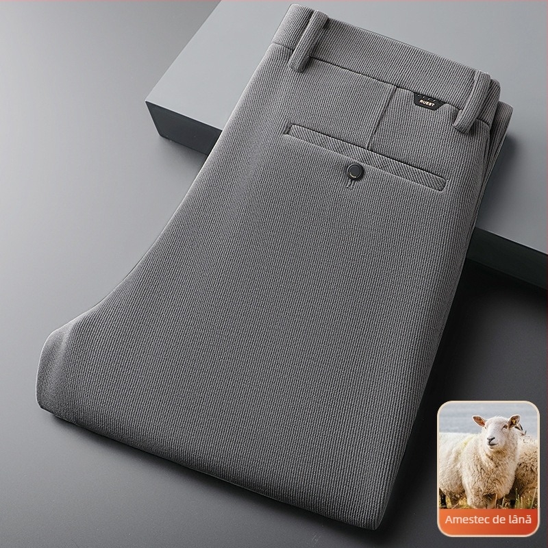 Pantaloni casual-business din lână corduroy, croială dreaptă, talie înaltă, fermoar, pentru bărbați de vârstă mijlocie