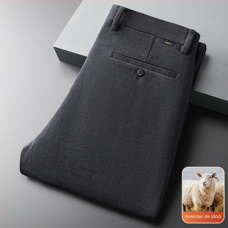 Pantaloni casual-business din lână corduroy, croială dreaptă, talie înaltă, fermoar, pentru bărbați de vârstă mijlocie