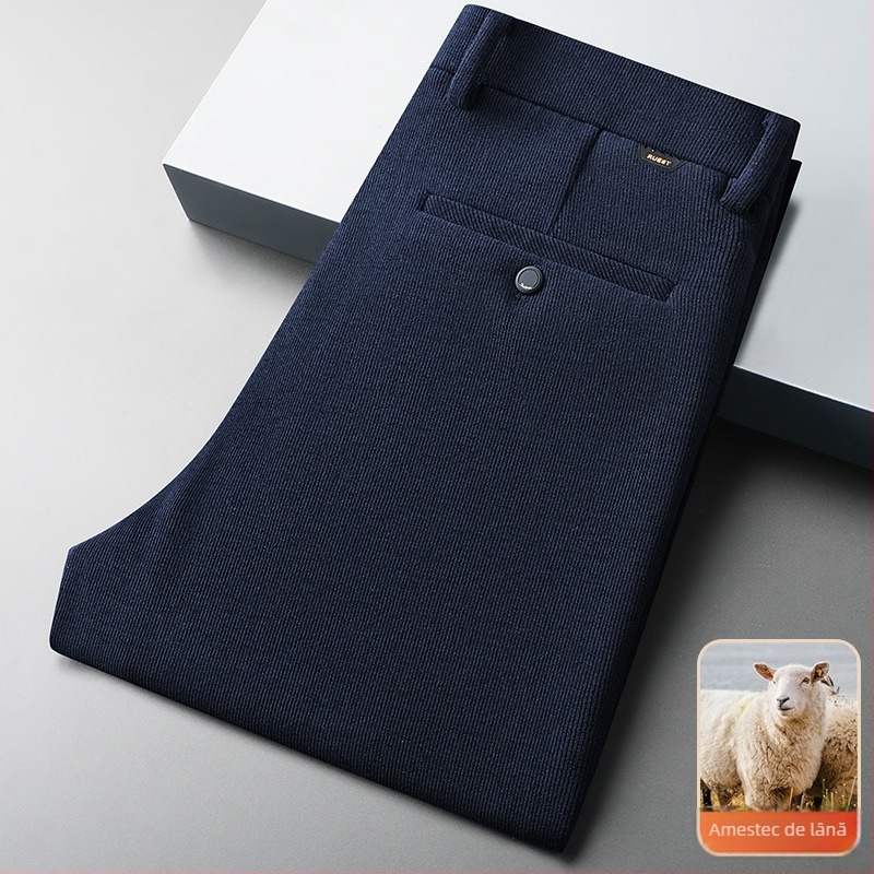 Pantaloni casual-business din lână corduroy, croială dreaptă, talie înaltă, fermoar, pentru bărbați de vârstă mijlocie